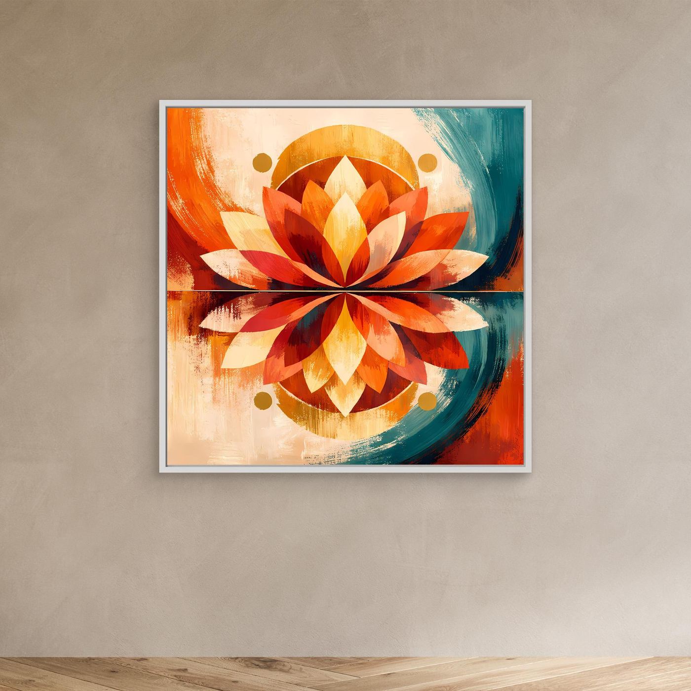 Leinwandbild mit symmetrischer Lotusblüte, abstrakt in Orange und Türkis, im silbernen Rahmen.