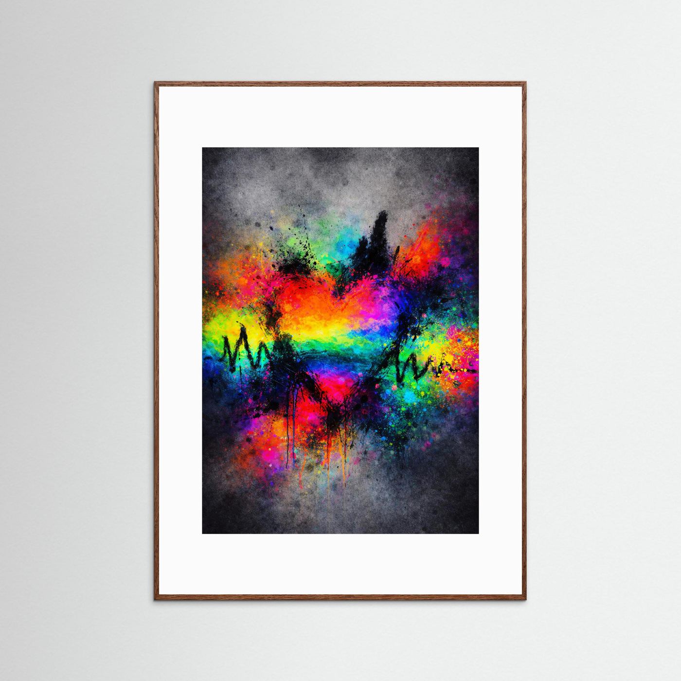 Kunstposter mit abstraktem Regenbogenherz und EKG-Linie, braun gerahmt