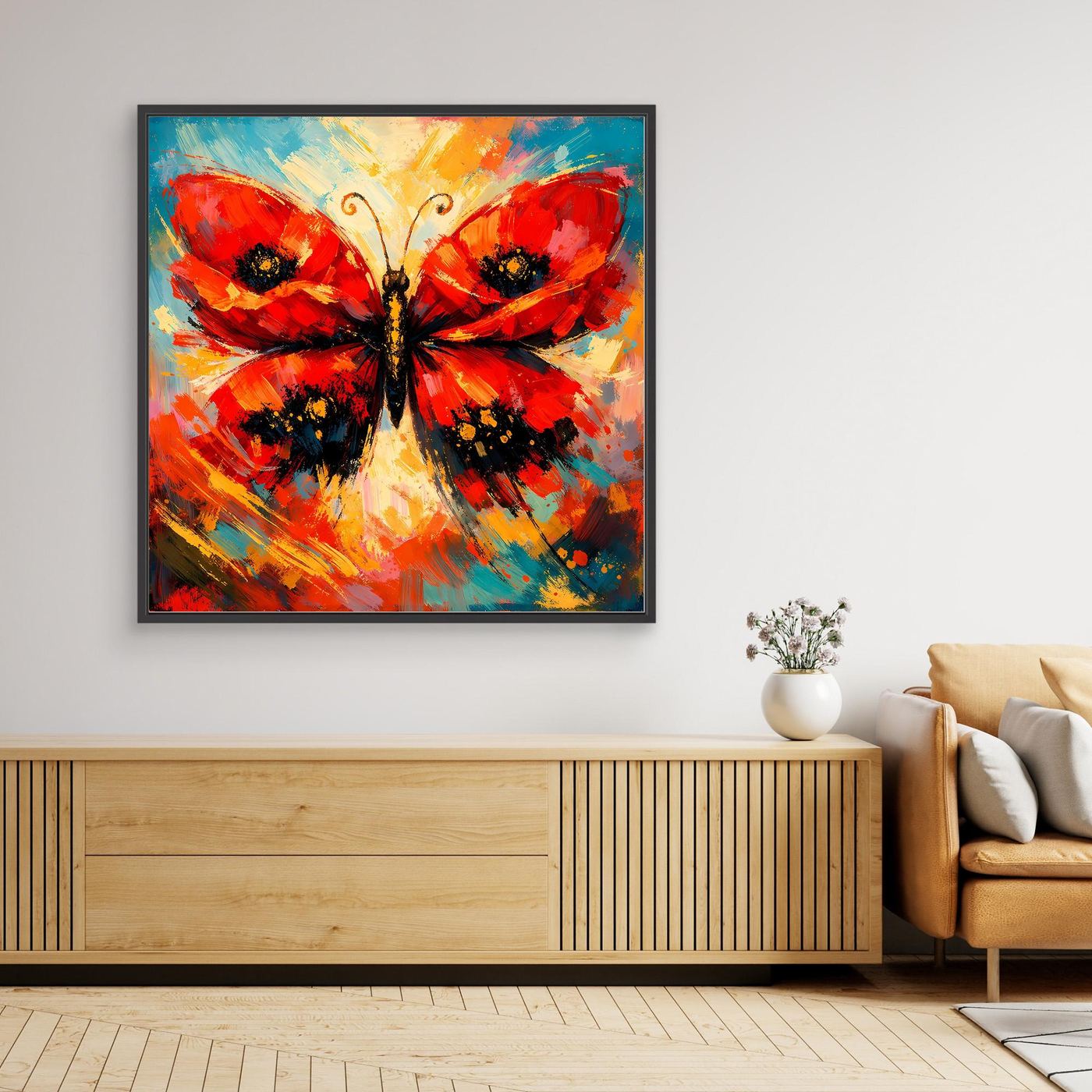 Leinwandbild mit abstraktem, leuchtendem Schmetterling in Rot- und Blautönen, schwarzer Rahmen