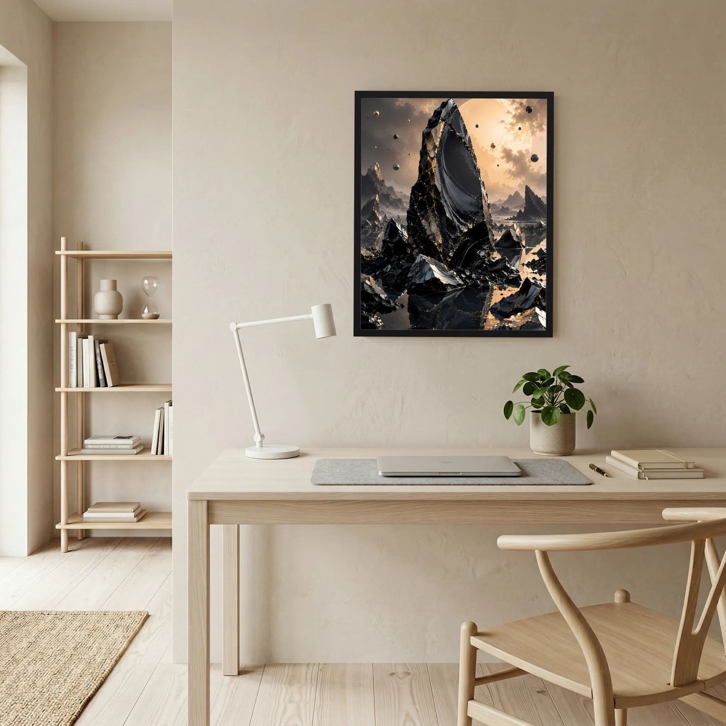 Wandbild im Rahmen: Hochformatposter mit schwarzem Obsidian-Monolith und goldenen Sprenkeln