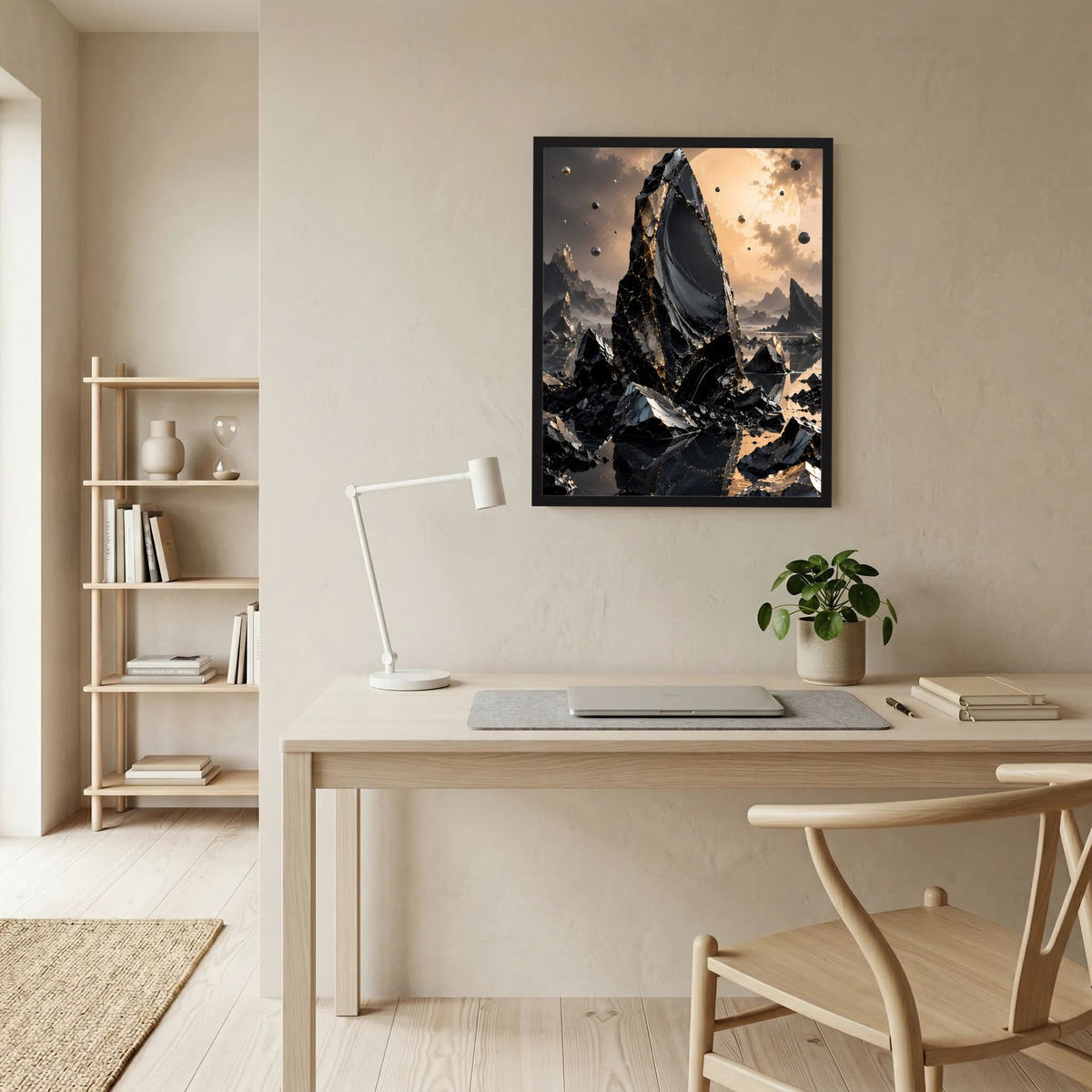Wandbild im Rahmen: Hochformatposter mit schwarzem Obsidian-Monolith und goldenen Sprenkeln