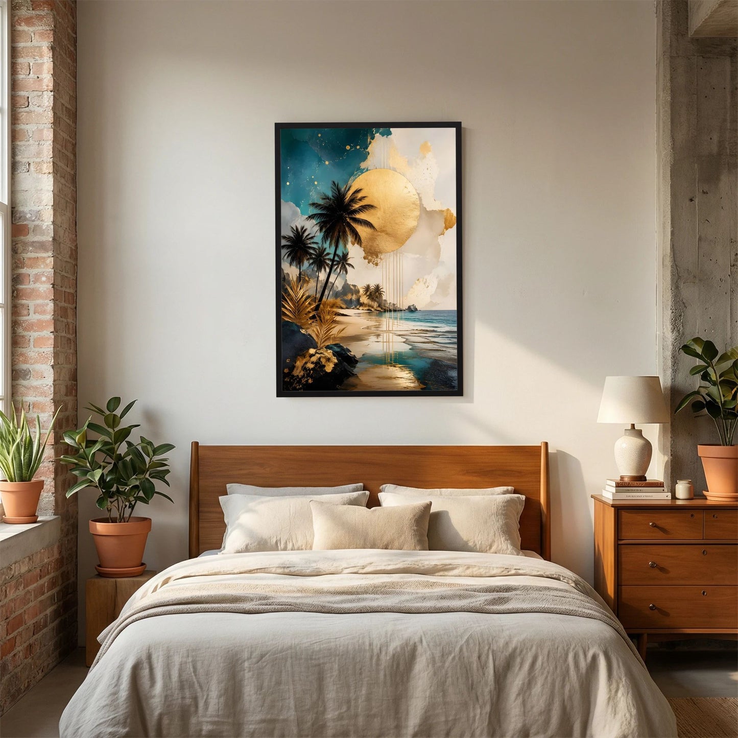 Tropisches Strandposter im schwarzen Rahmen mit Palmen, Meer und goldener Sonne