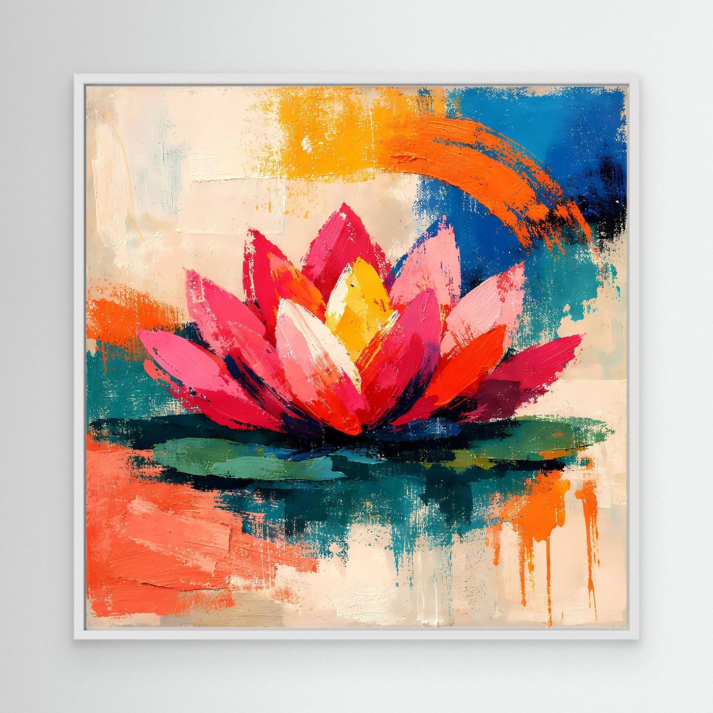Framed abstract lotus wall art with pink and yellow petals and orange-blue brushstrokes.