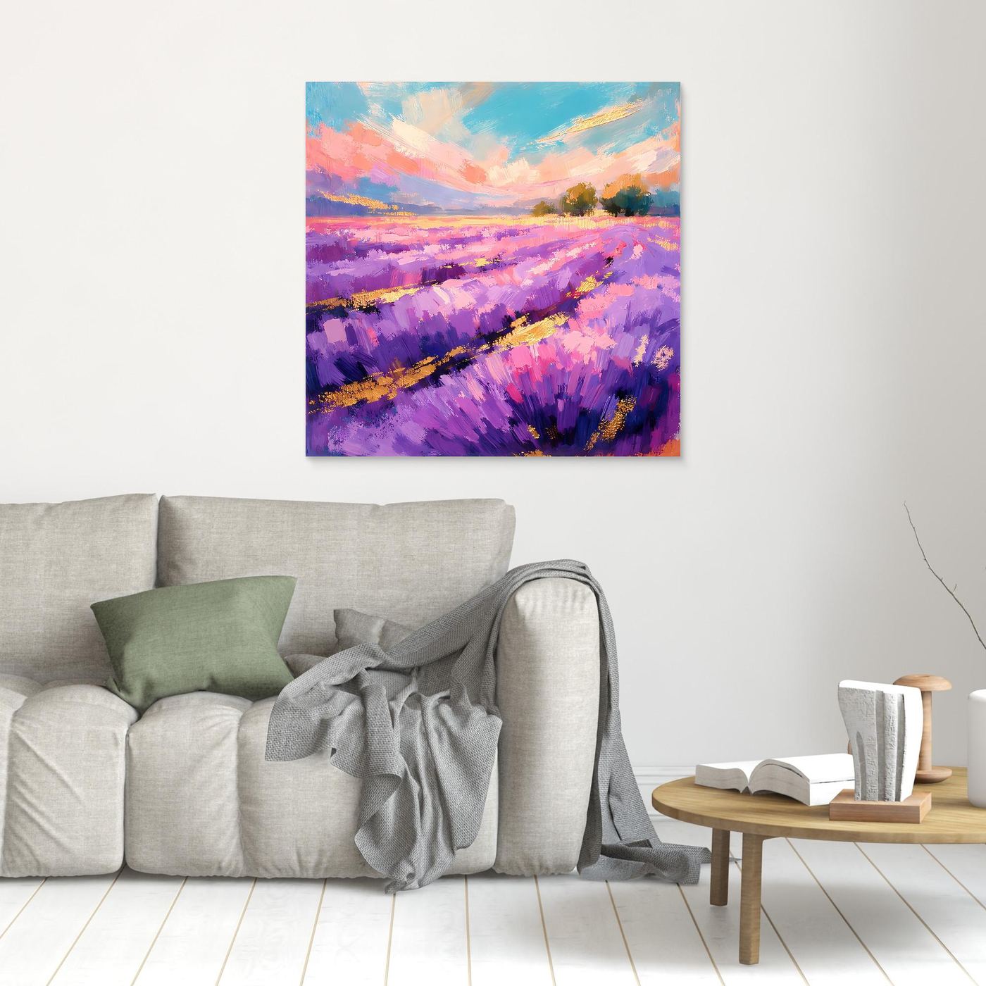 Kleines Leinwandbild mit abstrakter Lavendel-Landschaft in Violett und goldenen Akzenten