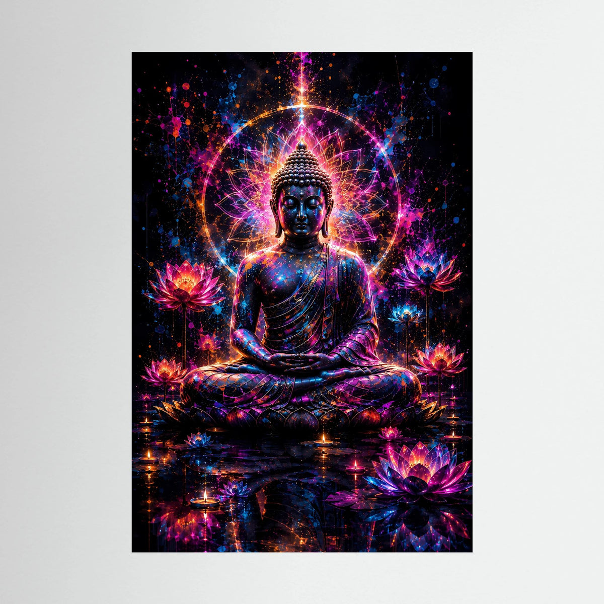 Meditationsposter mit Buddha im Neon-Lotus, leuchtender Kreis-Aura und bunten Partikeln