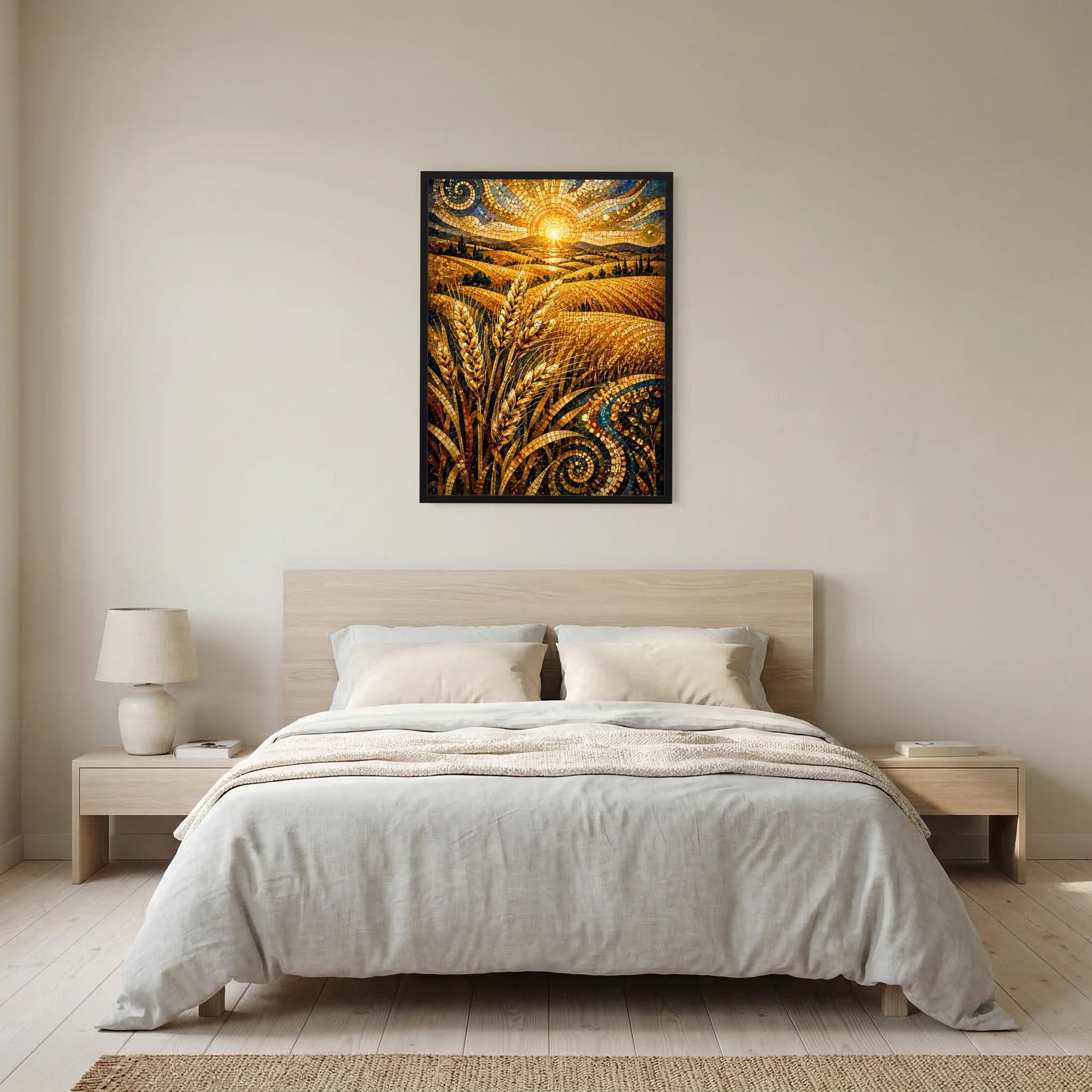 Gerahmtes Poster mit goldenem Weizenfeld im Mosaikstil und aufgehender Sonne