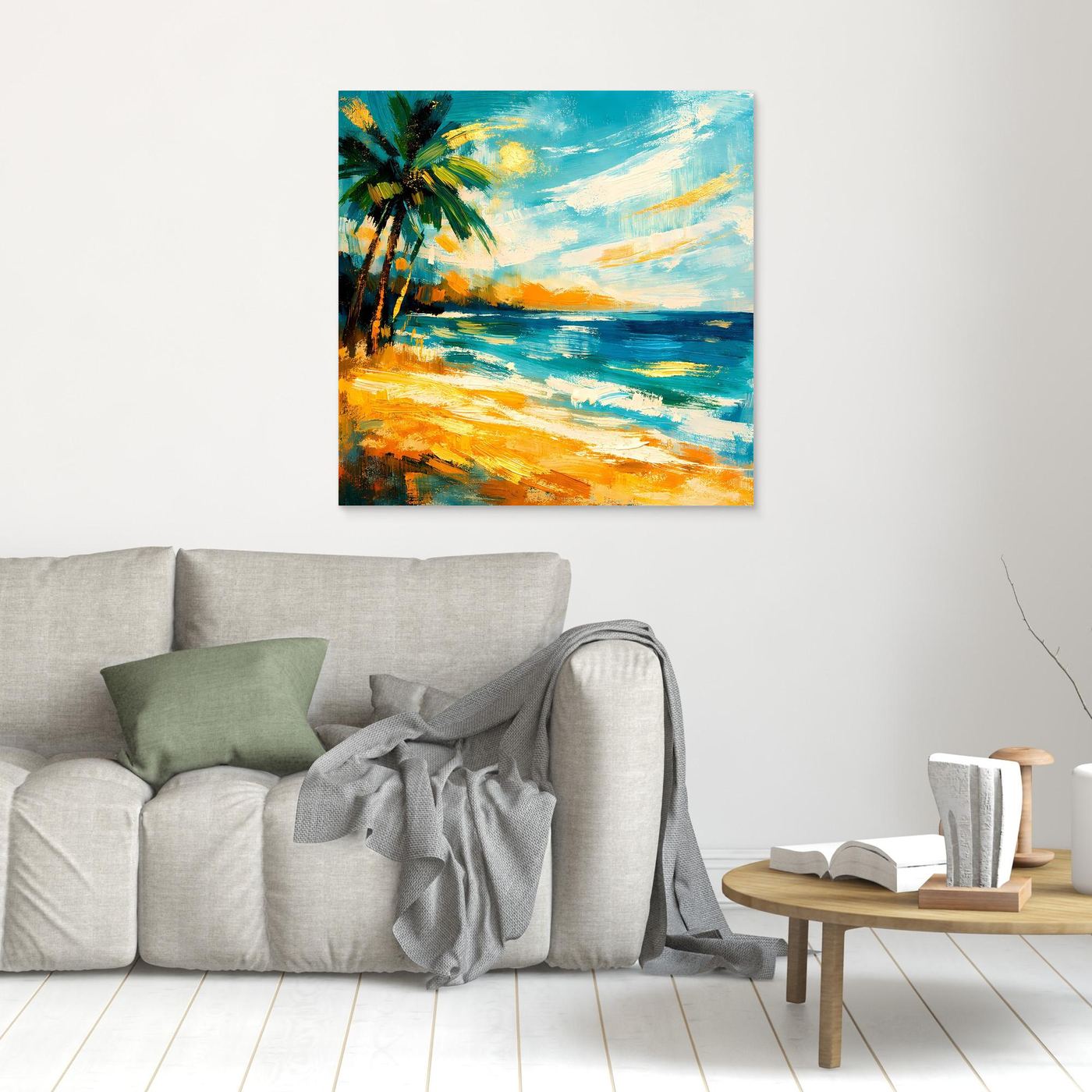 Leinwandbild mit Palme, Strand und Meer in Türkis, Orange und Gelb, hell gerahmt