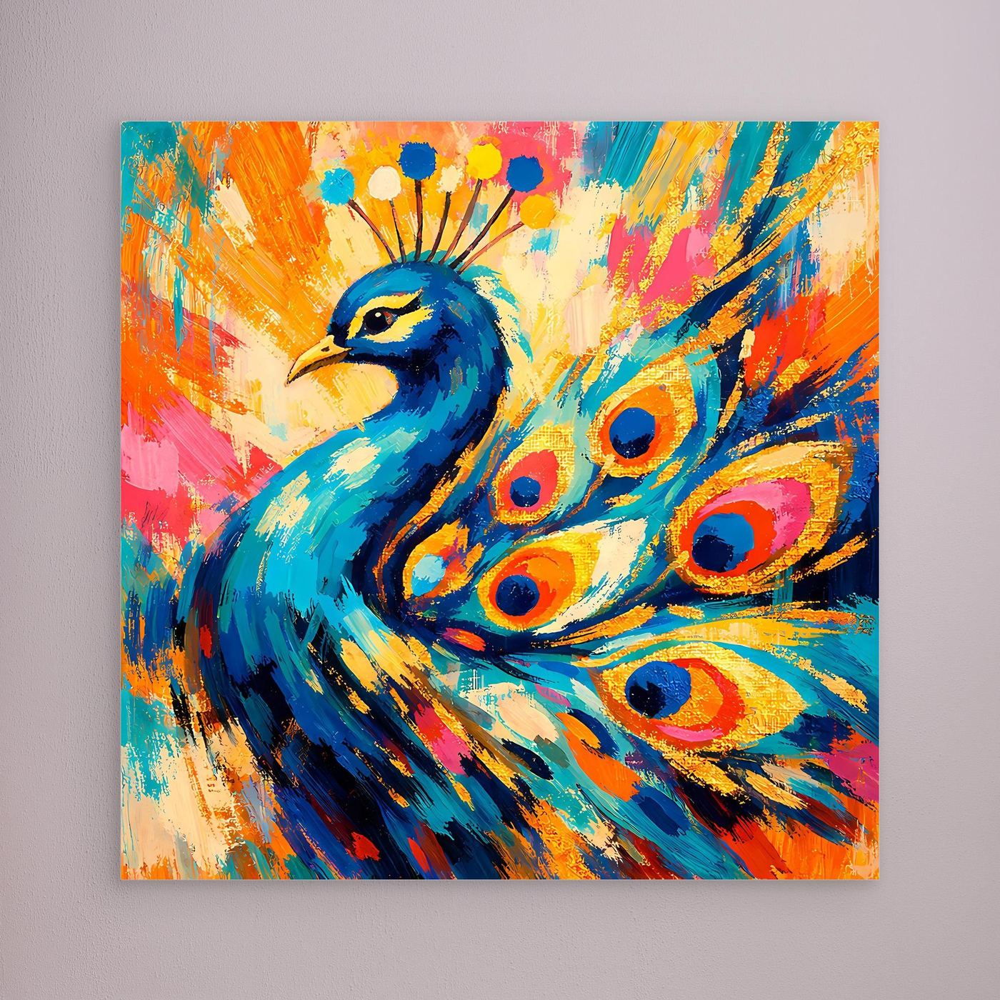 Leinwandbild ohne sichtbaren Rahmen: abstraktes Pfau-Motiv in Blau, Orange und Gelb