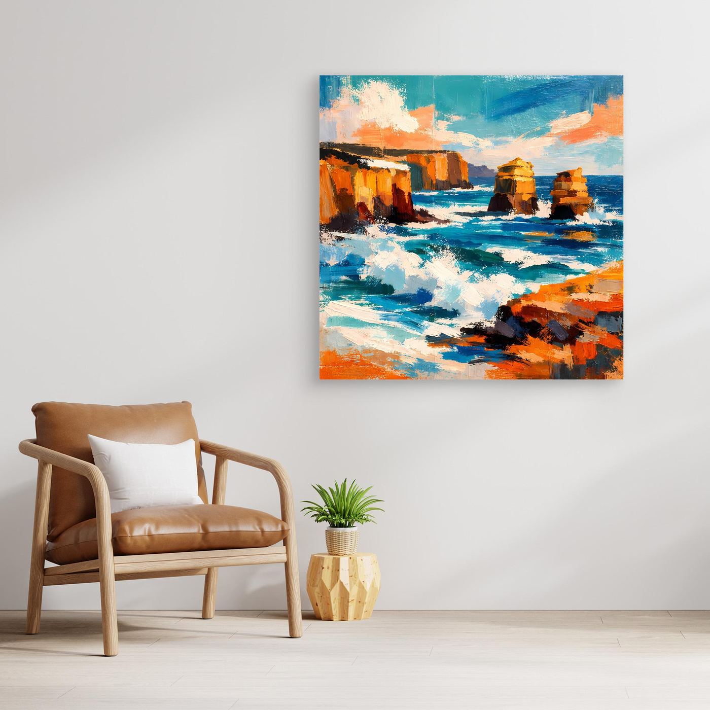 Wandbild mit abstraktem Küstenmotiv, blau-türkis und Orange, rahmenlos
