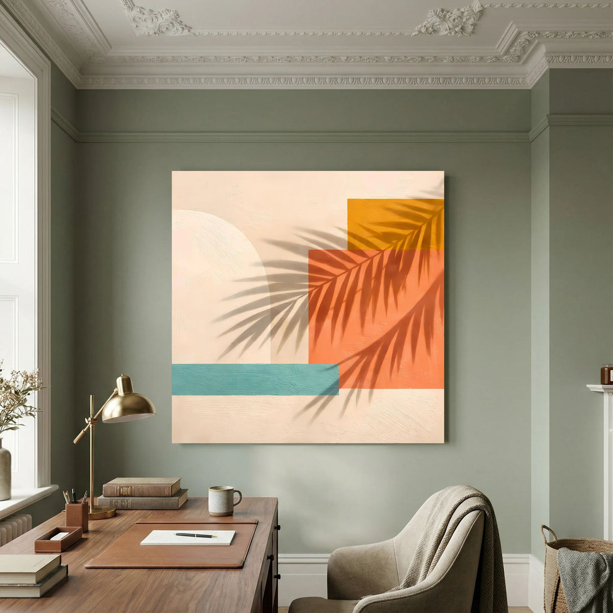 Leinwand Abstrakte Geometrie mit Palmenschatten | Modernes Boho Wandbild Terracotta