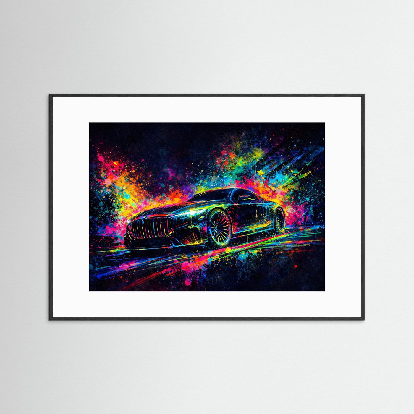 Wandbild mit abstraktem Neon-Sportwagen, schwarz gerahmt mit weißem Passepartout, Querformat