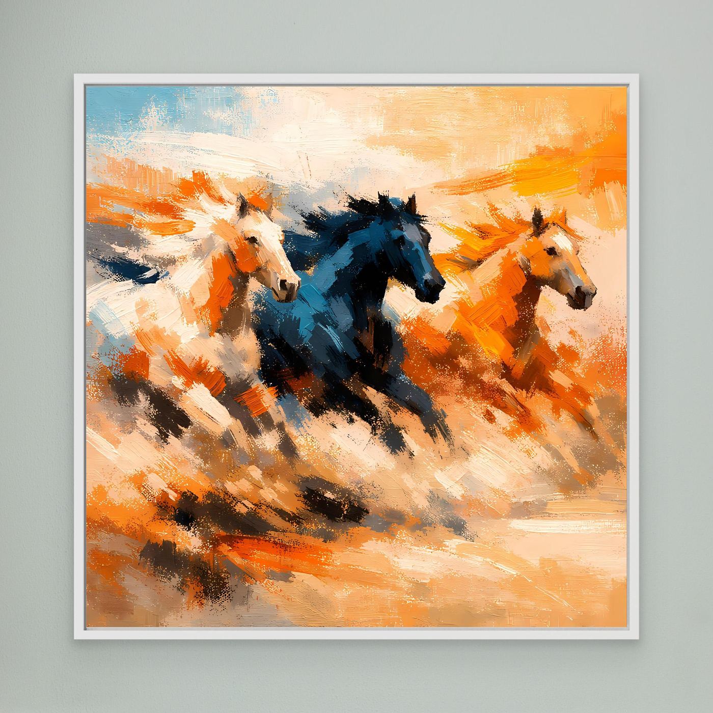 Premium Leinwand Wilde Pferde Galopp | Abstraktes Wandbild Dynamische Ölgemälde Optik
