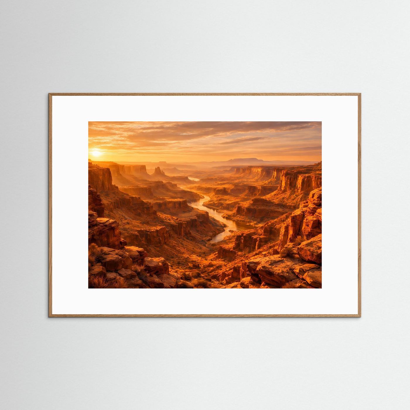 Naturposter Querformat: Canyonlandschaft bei Sonnenuntergang, heller Holrahmen