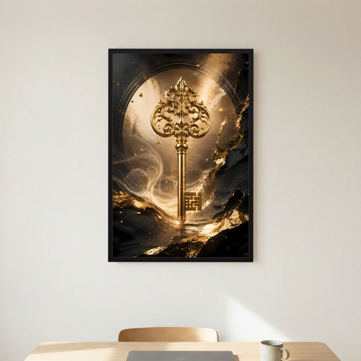 Hochformatiges Kunstposter mit goldenem, verziertem Schlüssel im schwarzen Rahmen