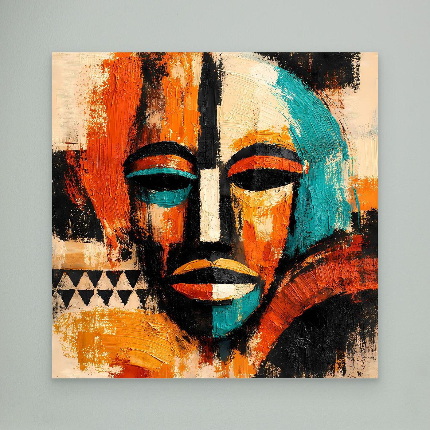 Abstract mask portrait canvas with teal and orange faces and black accents, unframed
