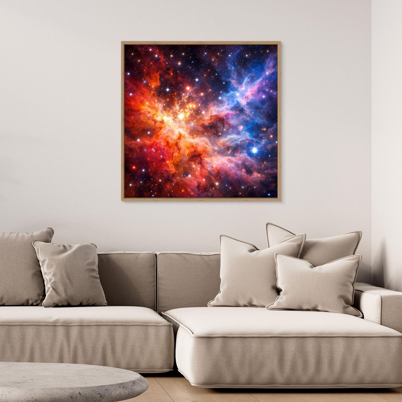 Leinwandbild mit kosmischem Nebelmotiv, brauner Holzrahmen