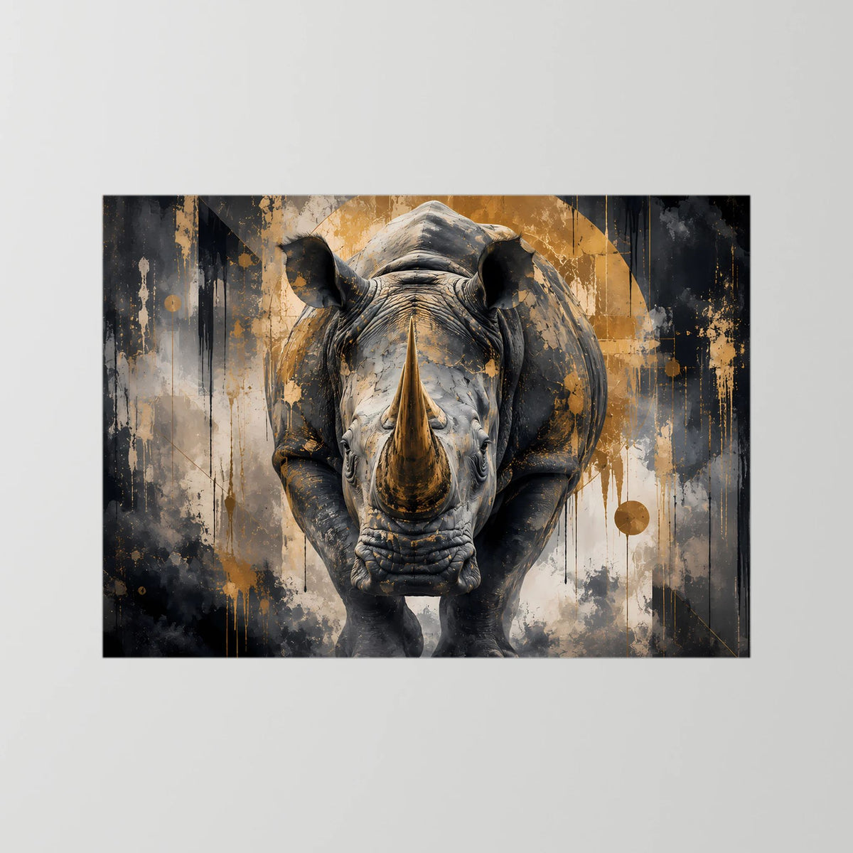 Abstraktes Nashorn-Poster ohne Rahmen, Schwarz-Gold Tiergrafik im Querformat