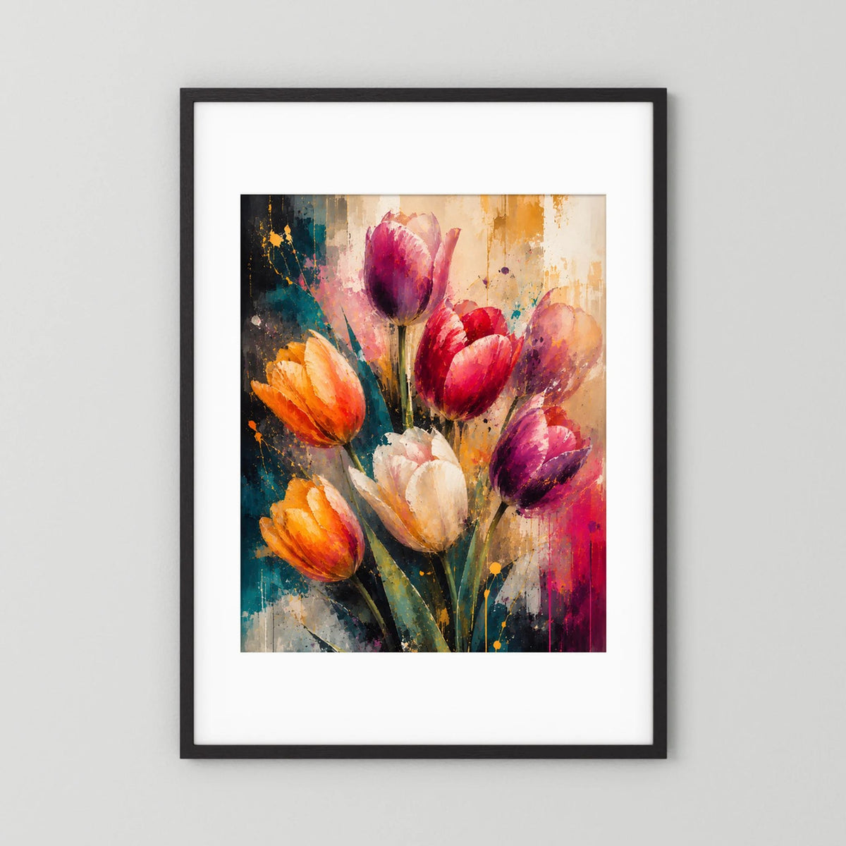 Gerahmtes Kunstposter mit Tulpen in Pink, Orange und Violett, schwarz mit weißem Rand