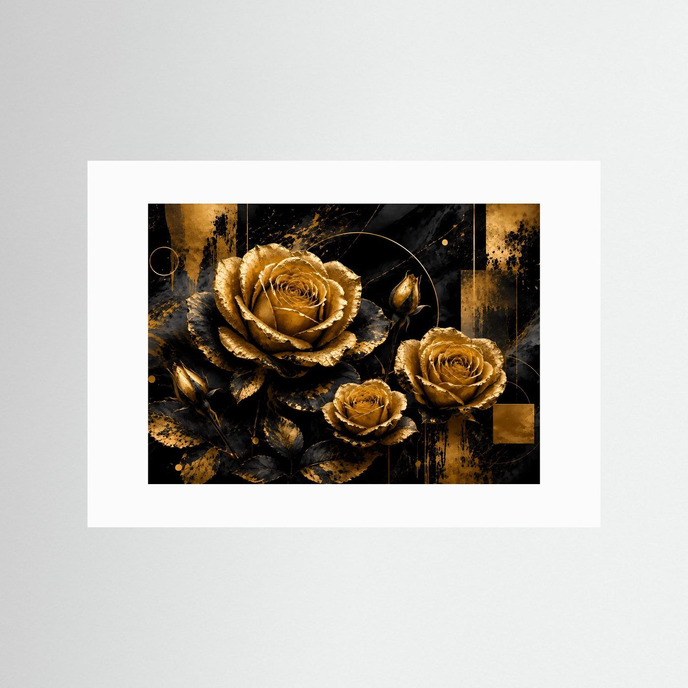 Poster mit goldenen Rosen auf schwarzem Hintergrund, weißer Rand ohne Außenrahmen