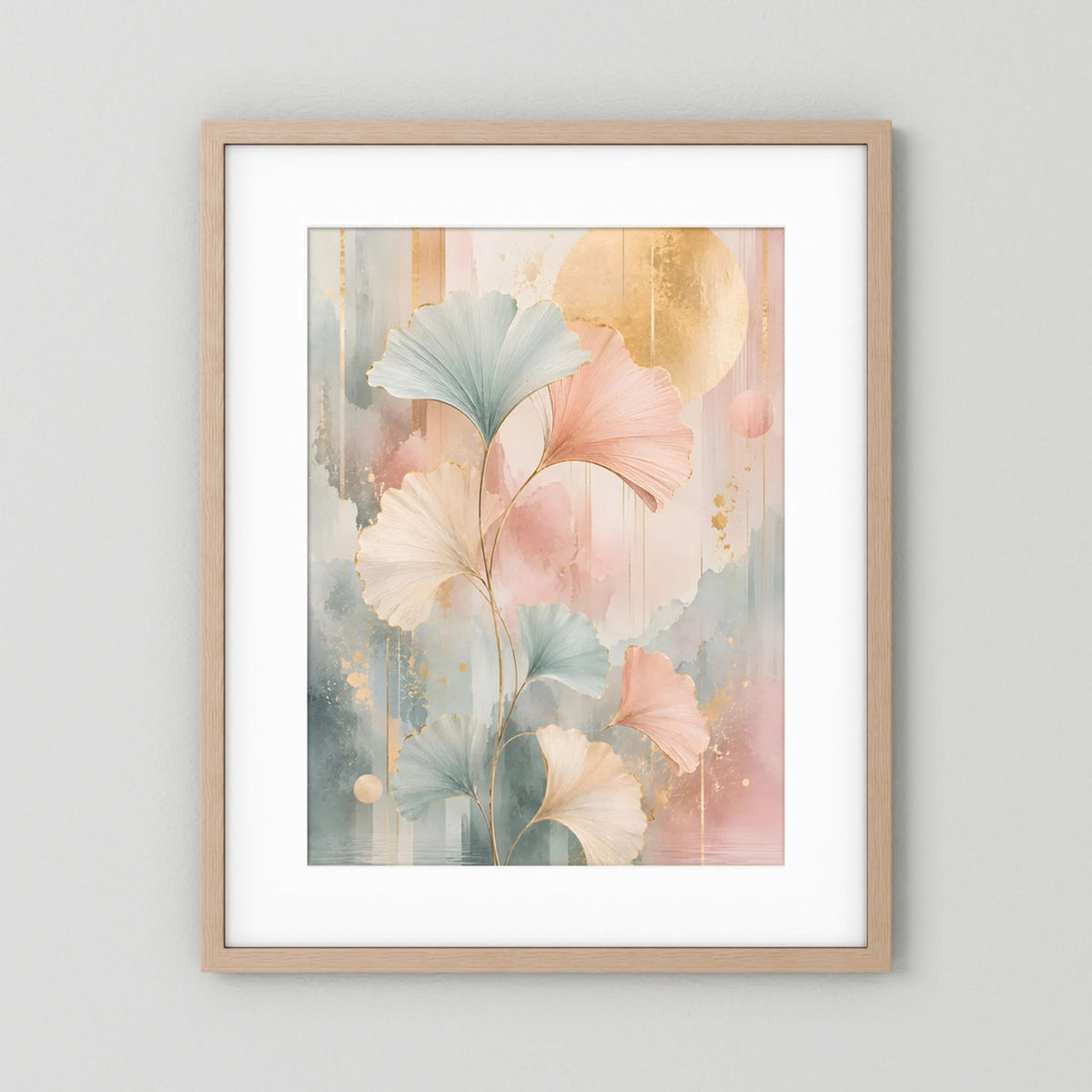 Kunstposter im Hochformat mit pastelligen Blättern in Rosa, Salbeigrün und Gold, beiger Holzrahmen