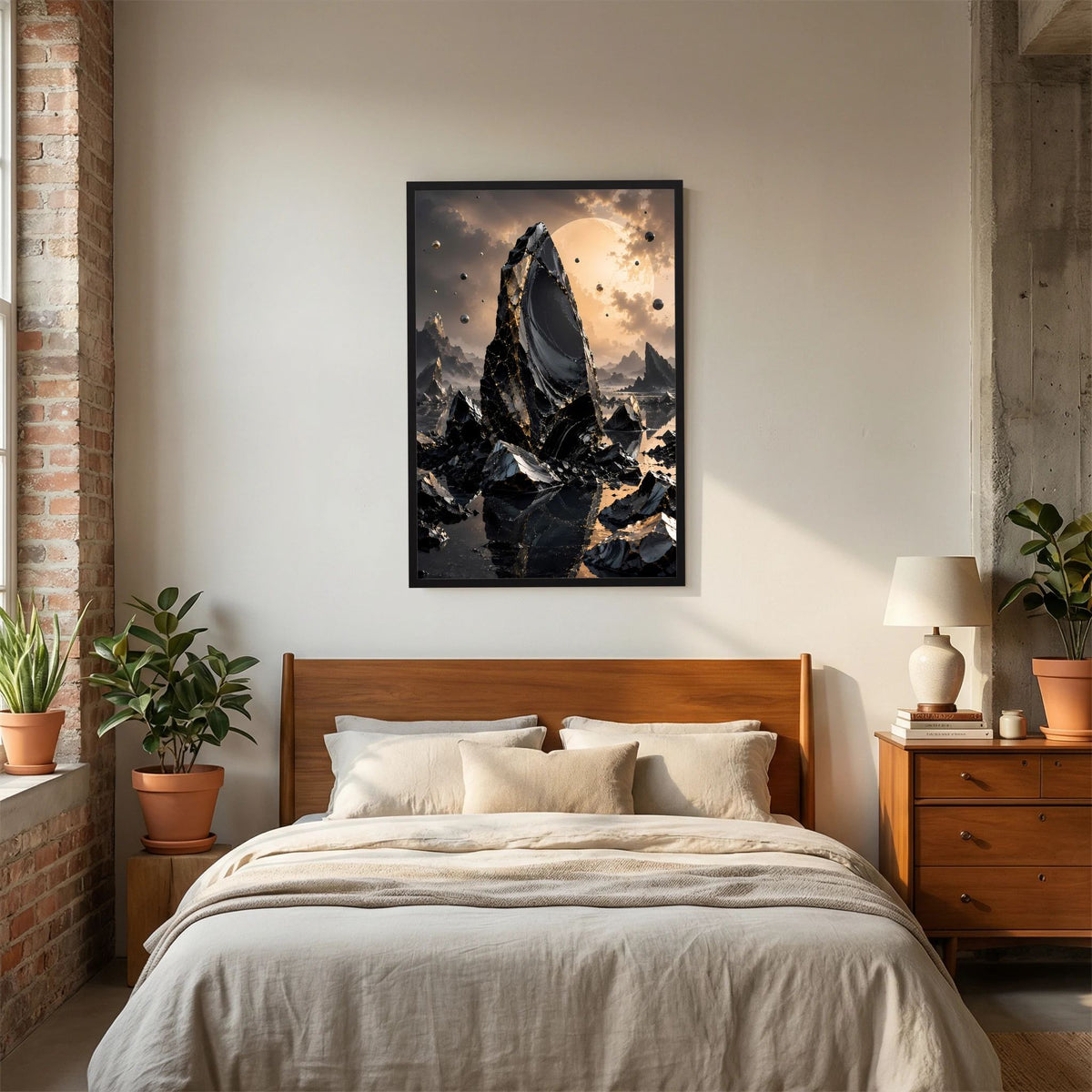 Gerahmtes Poster mit schwarzem Obsidian-Kristallmonolith, goldener Sonne, Hochformat