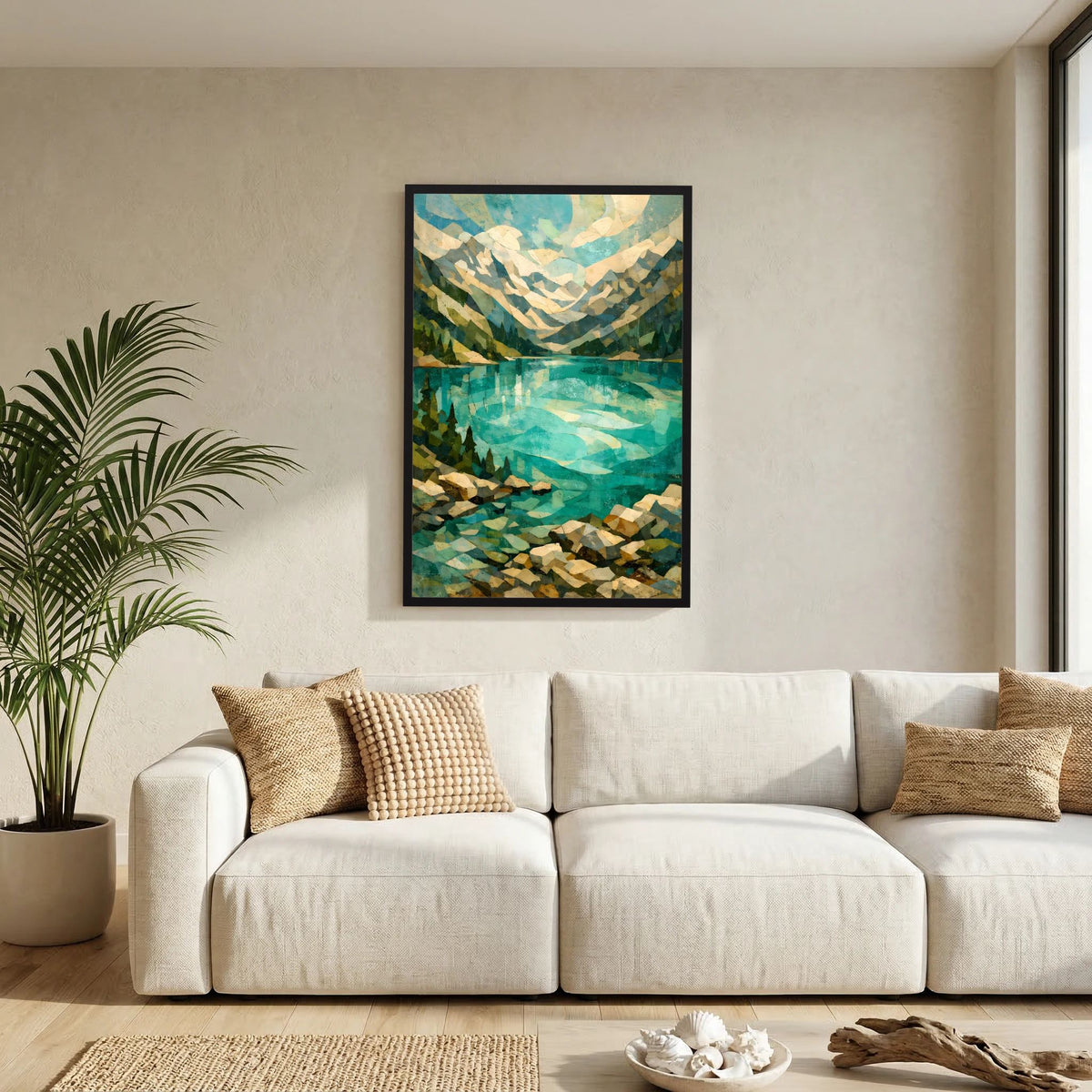 Kunstposter im Hochformat mit abstrakter Alpenlandschaft und türkisfarbener Spiegelung, schwarz gerahmt