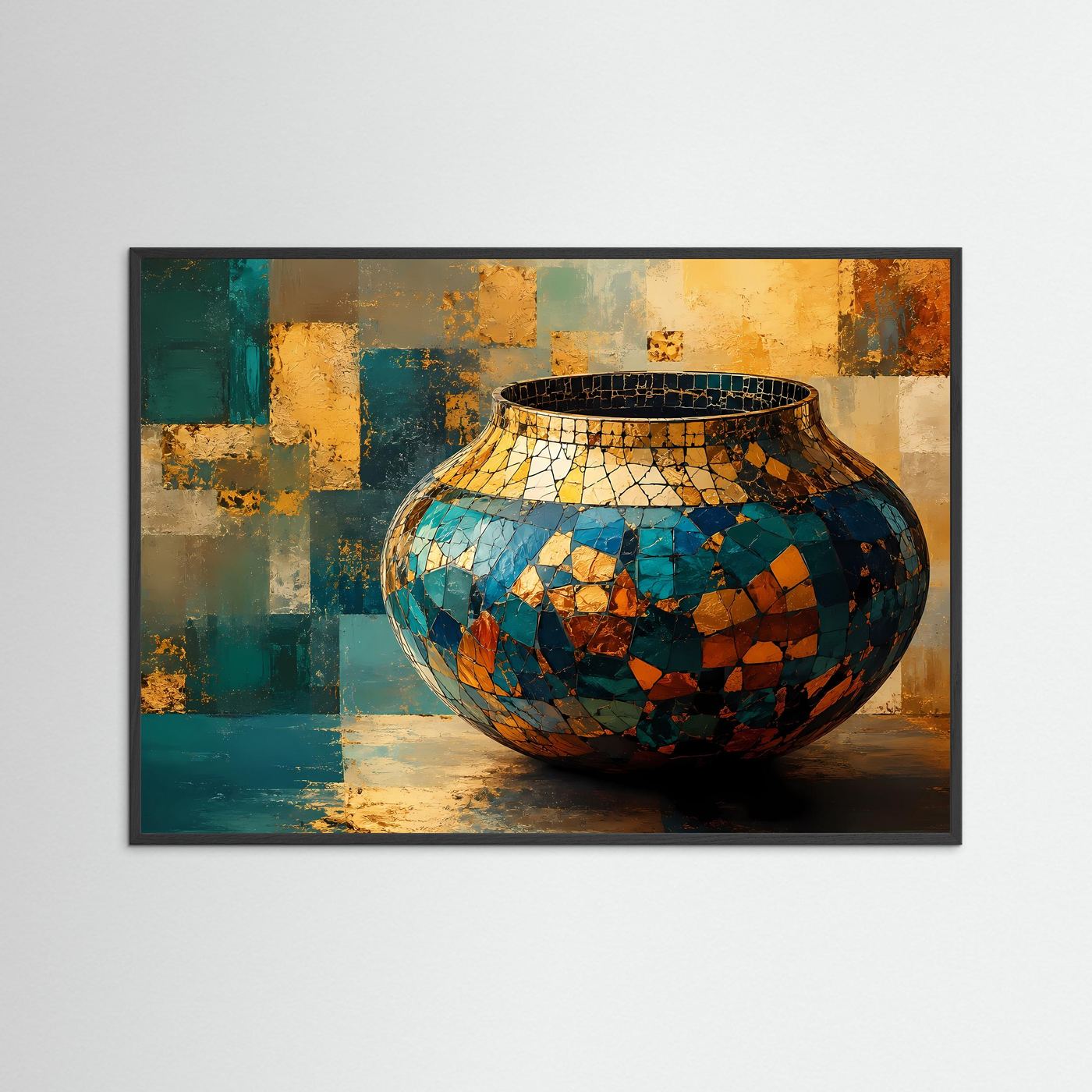 Mosaik Vase Poster | Abstrakte Keramik Kunst | Gold Blau Wandbild | Moderne Stillleben Wall Art