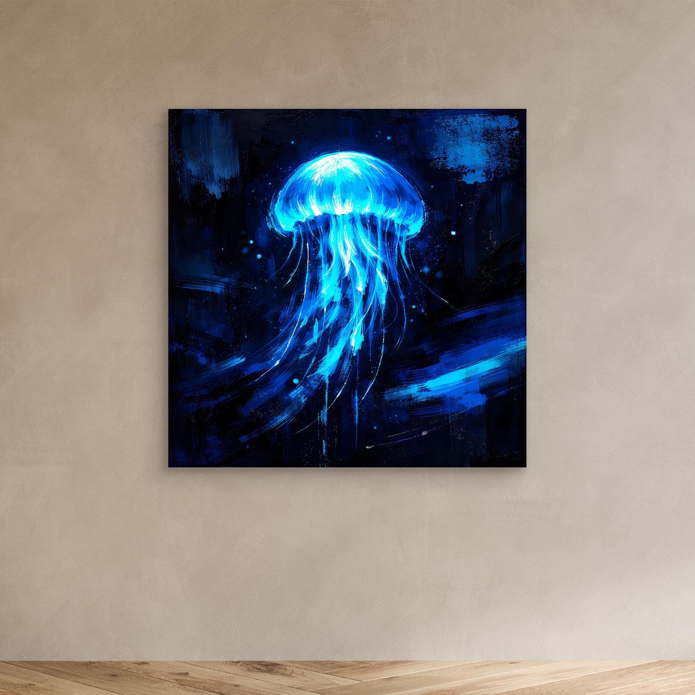 Leinwand Leuchtende Qualle im Tiefsee-Ozean | Abstraktes Biolumineszenz Wandbild