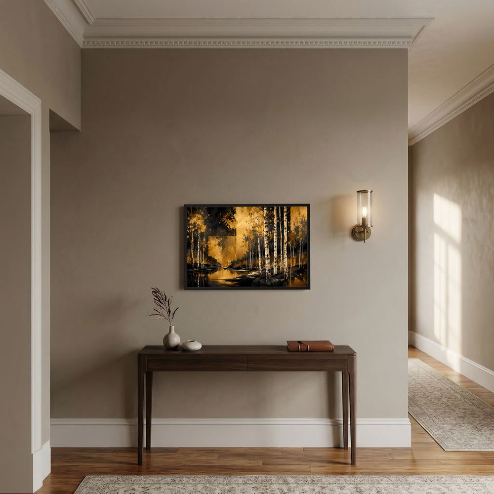 Querformat-Poster mit abstrakter Waldlandschaft in Schwarz und Gold