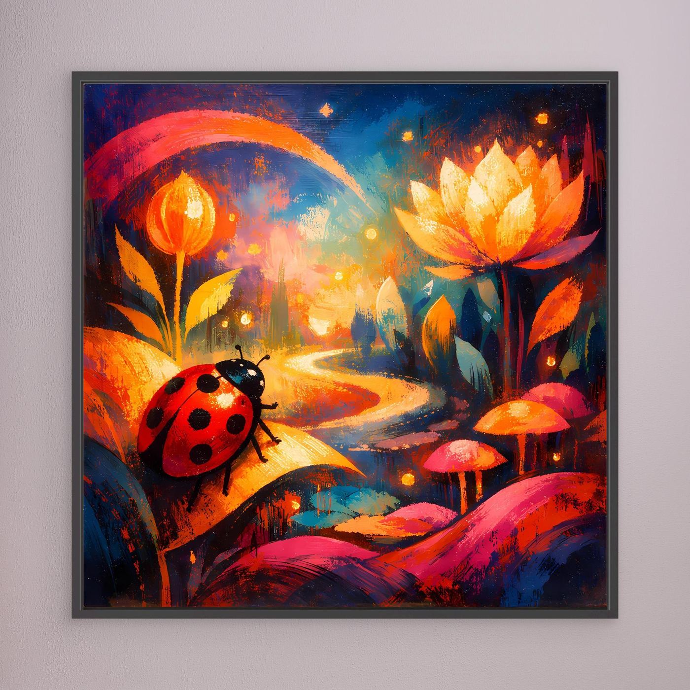 Wandbild mit Marienkäfer auf farbigem Pfad und gelben Blüten, schwarzer Rahmen