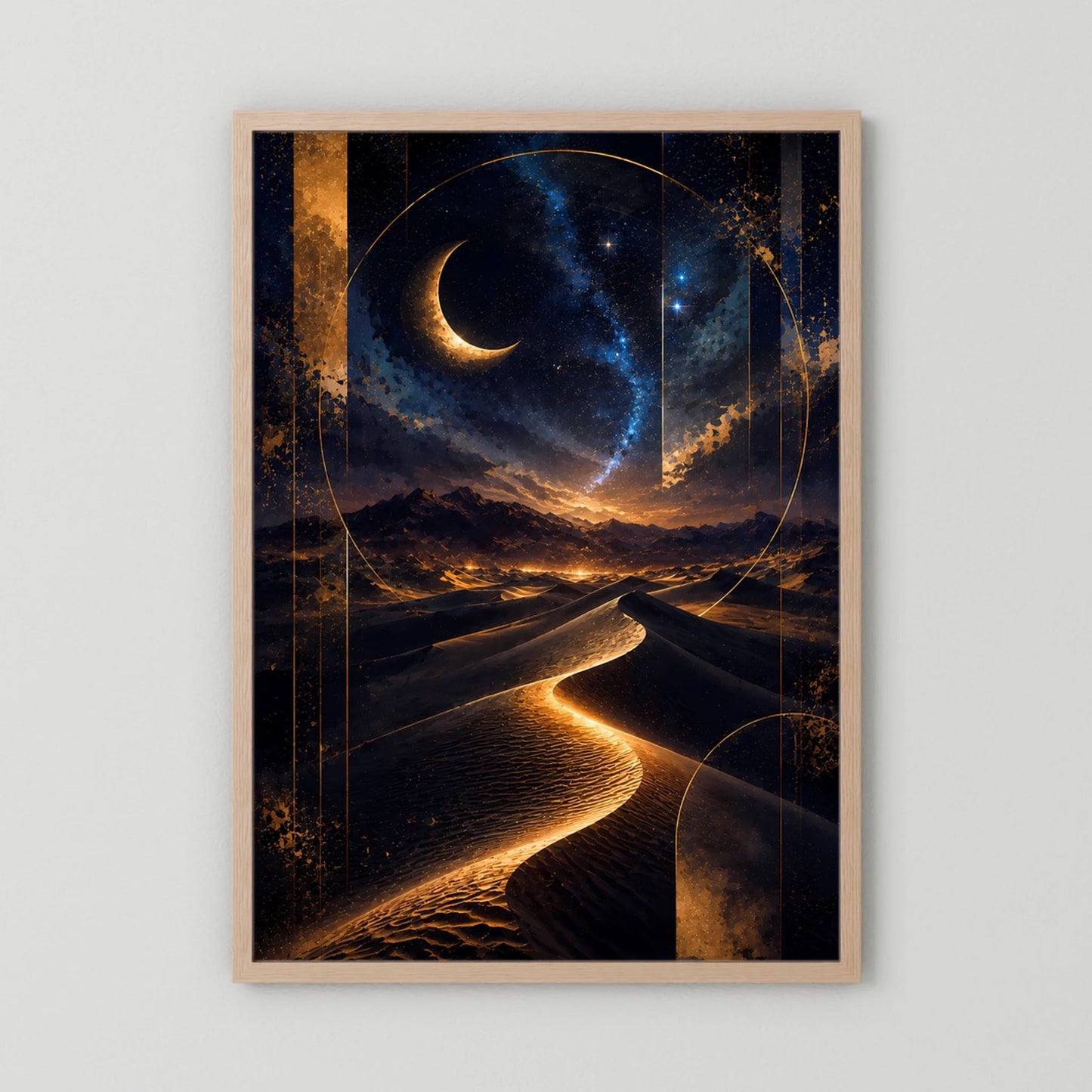 Hochformat-Poster mit hellem Holzrahmen, Wüstenszene mit Mondsichel und Lichtspur