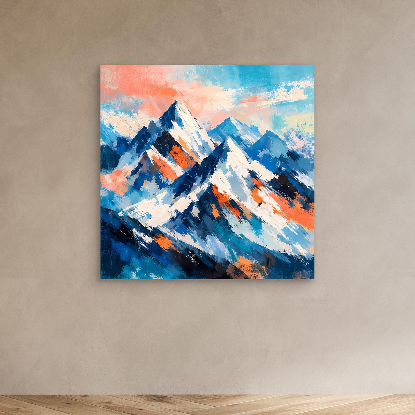 Kleines Leinwandbild mit abstrakten Berggipfeln in Blau- und Korallfarben