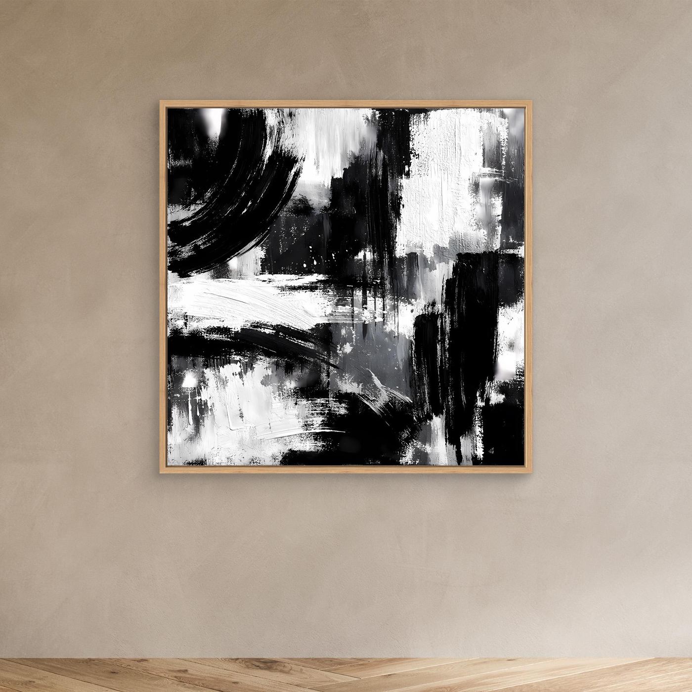 Small abstract black-and-white canvas painting with brush strokes in oak frame