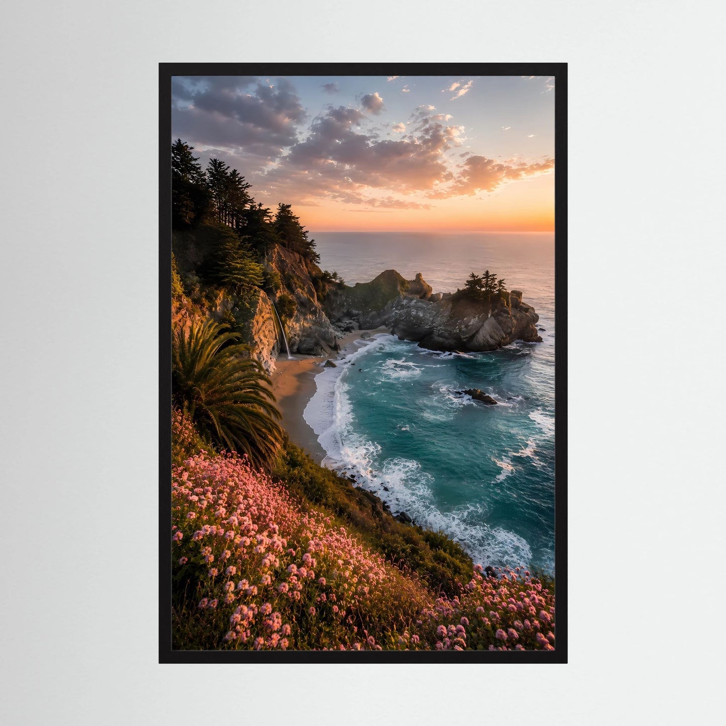 Kunstposter Hochformat: Felsküste mit türkisblauem Meer, Blumen, Sonnenuntergang, schwarzer Rahmen