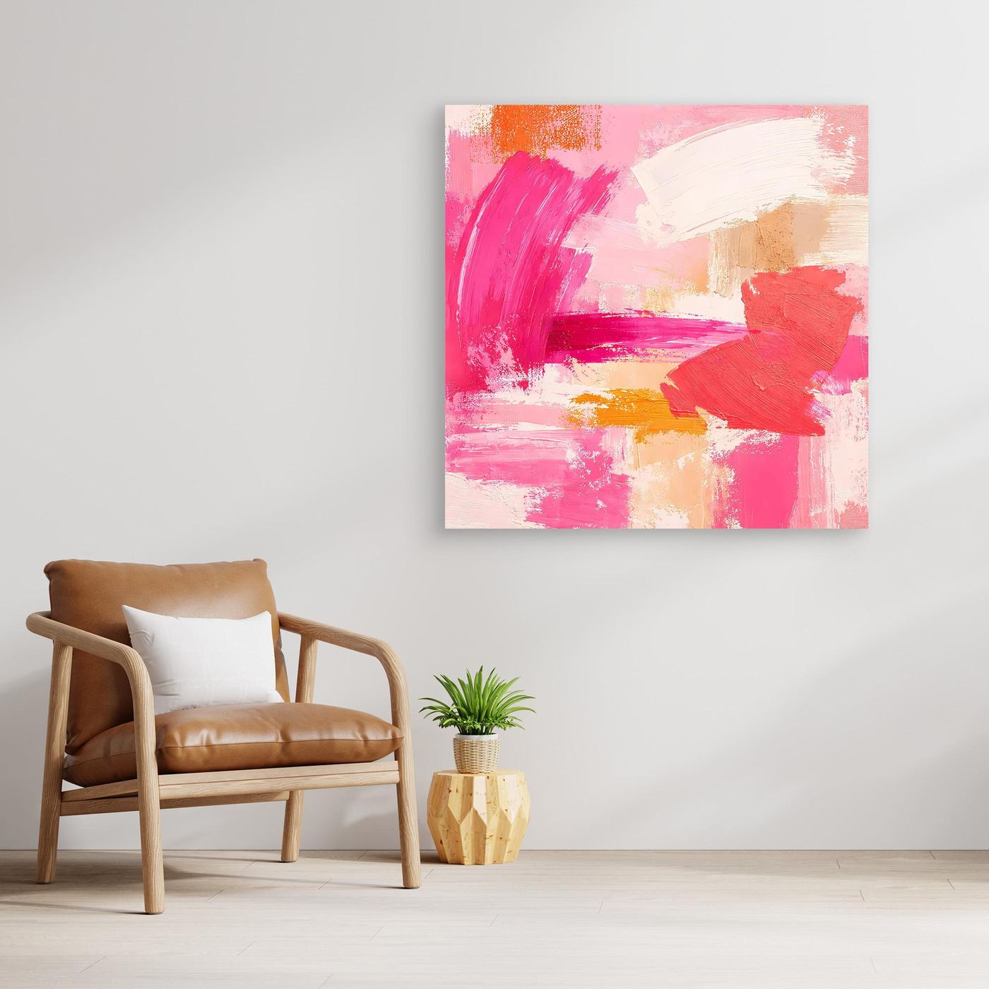 Leinwand-Abstraktbild mit rosa, beige und orangefarbenen Pinselstrichen