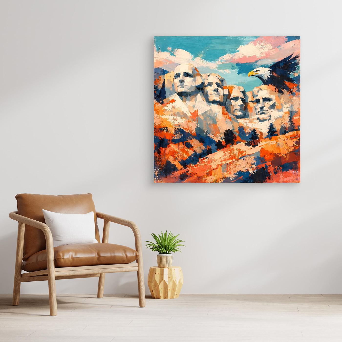Gerahmtes Leinwand-Wandbild mit Adler und Gesichtern, abstrakt in Blau-Orange-Tönen