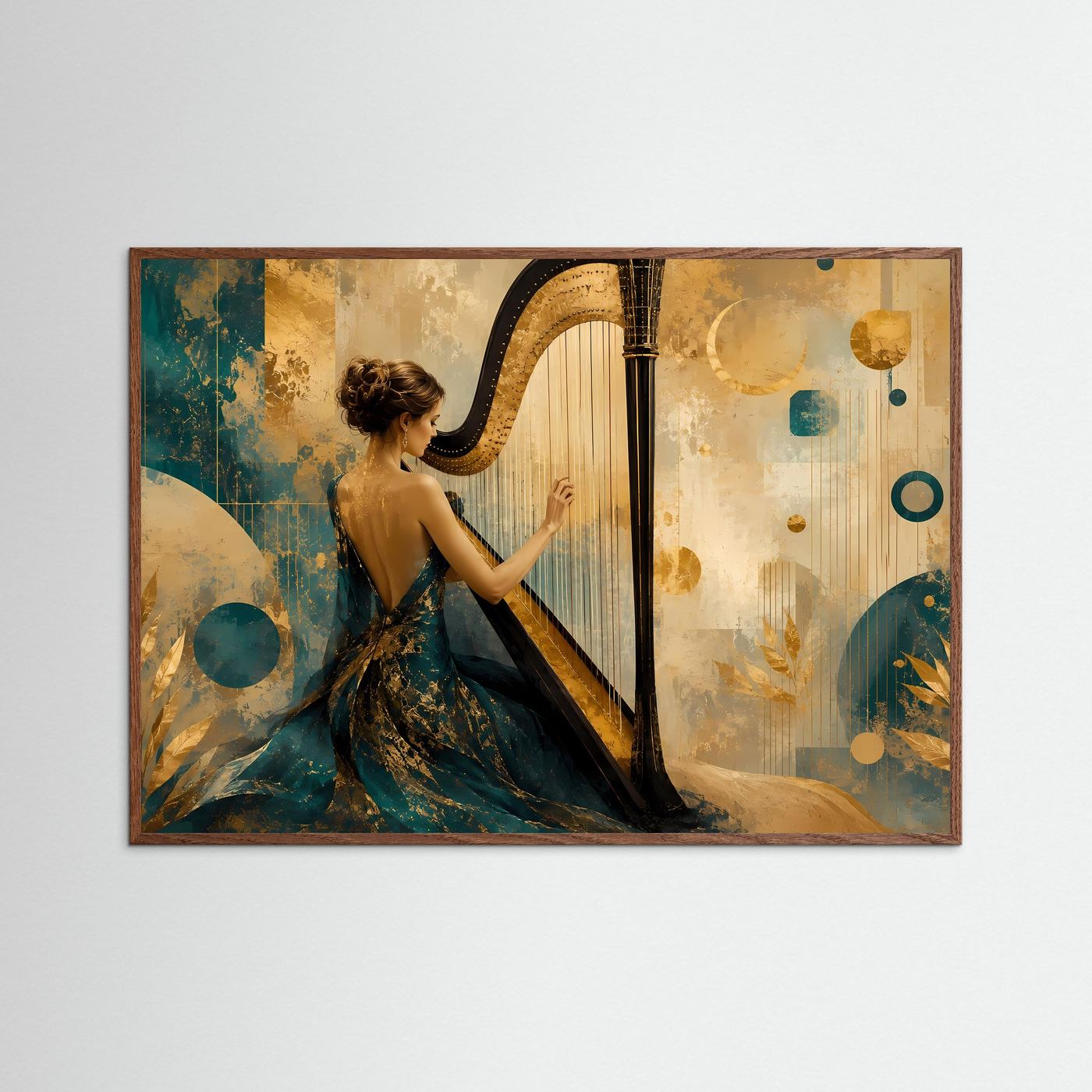Harmonie in Blau und Gold | Elegantes Harfenistin-Poster Querformat