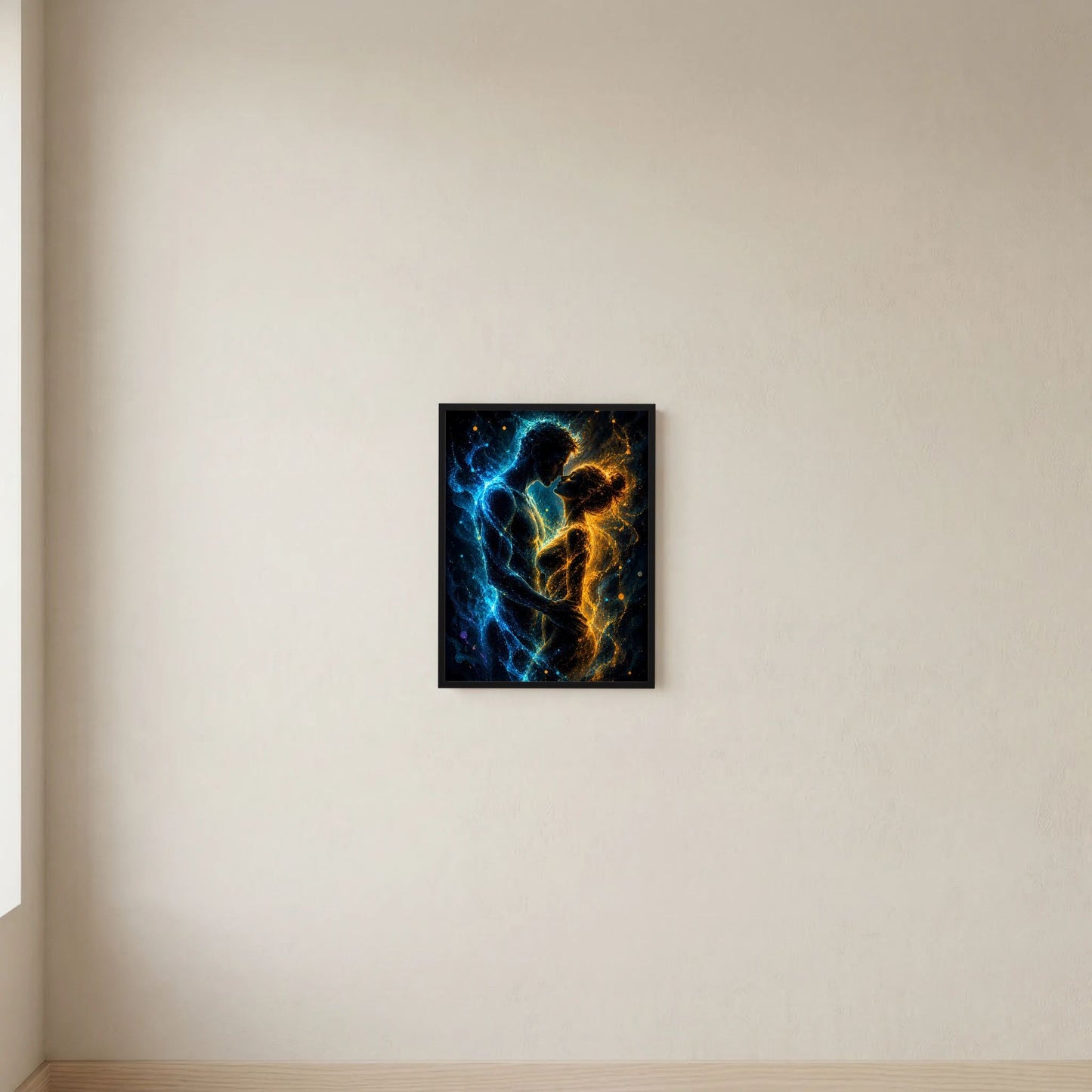 Quadratisches Poster mit schwarzem Rahmen und energetischen Blau-Gold-Linien