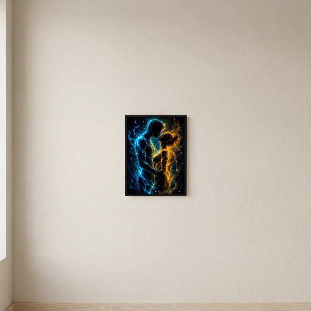 Quadratisches Poster mit schwarzem Rahmen und energetischen Blau-Gold-Linien