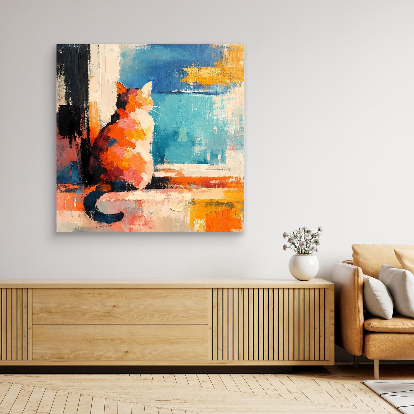 Framed abstract cat wall art canvas, orange and blue cat painting over warm horizontal bands