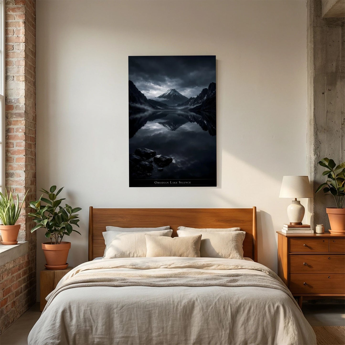 Wandposter im schlichten Holzrahmen mit Vulkankegel-Spiegelung im See, dunkles Bergmotiv