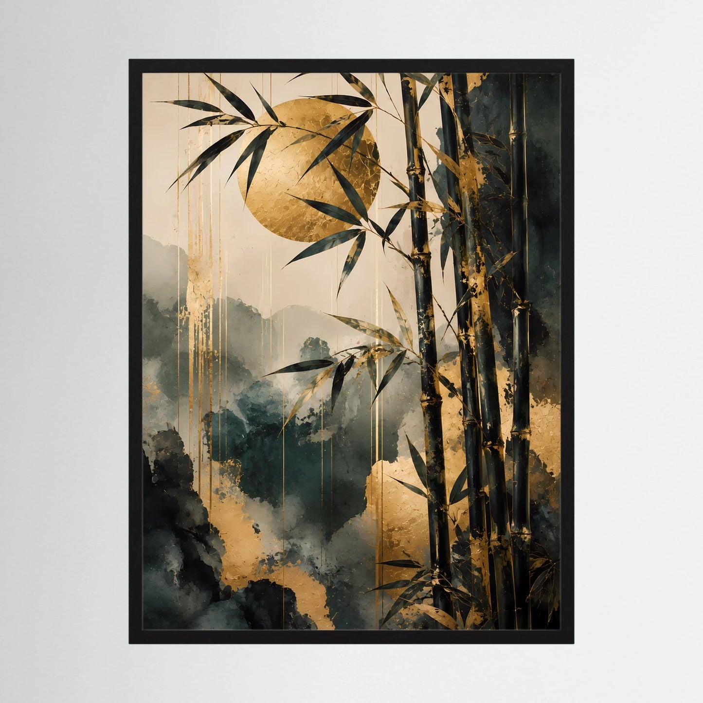 Gerahmtes Hochformat-Poster: Bambus mit goldener Mondsichel und Nebellandschaft