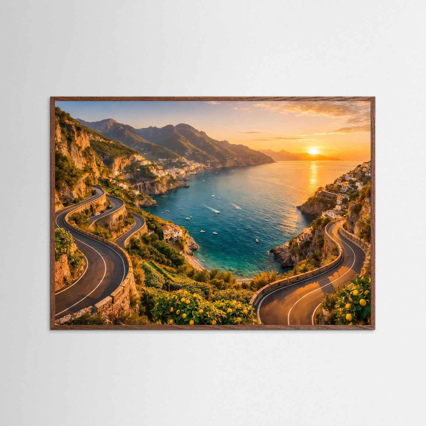 Sonnenuntergang an der Amalfiküste mit Küstenstraße | Panorama Italien & Meer Poster Querformat
