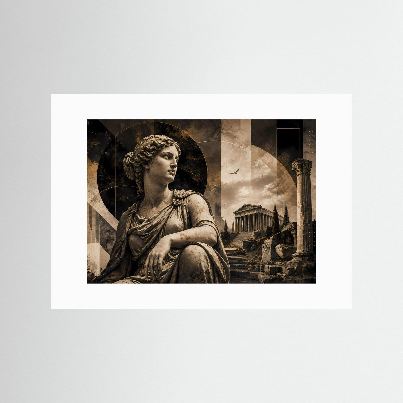 Klassisches Poster mit Göttinnen-Statue und Tempelruinen, mit weißem Passepartout, Querformat