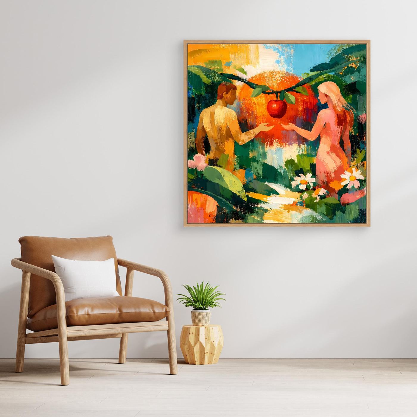 Square framed canvas wall art featuring stylized nude figures reaching toward each other in greenery
