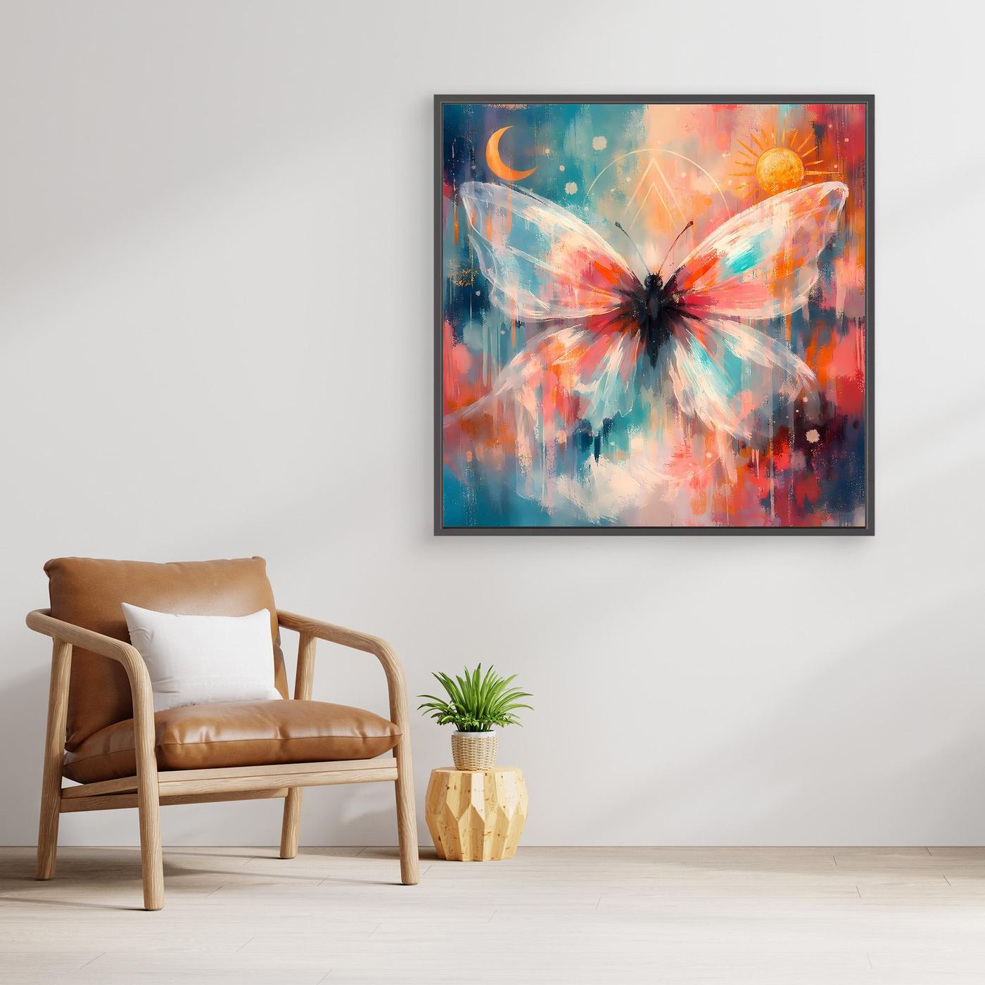 Leinwand-Wandbild mit kosmischem Schmetterling, Sonne und Mond, mit schwarzem Rahmen