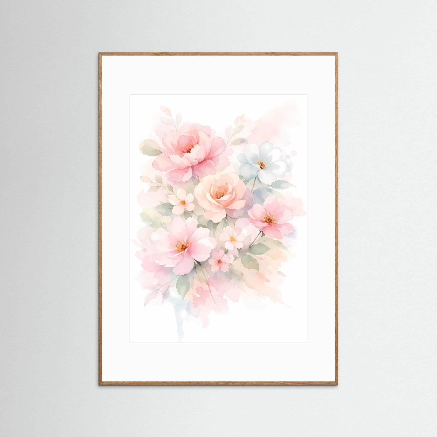 Gerahmtes Blumenposter im Aquarellstil mit rosa Blüten und weißem Hintergrund