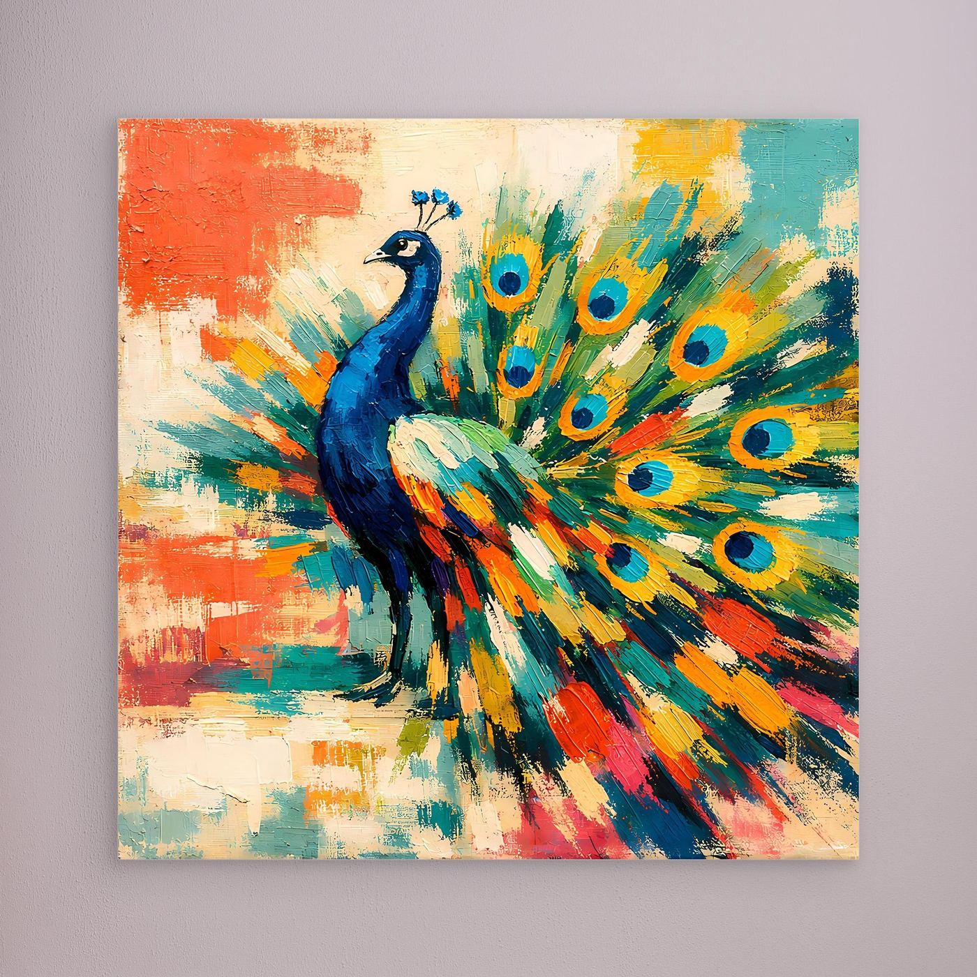 Abstract peacock canvas wall art with blue bird and multicolor fan tail