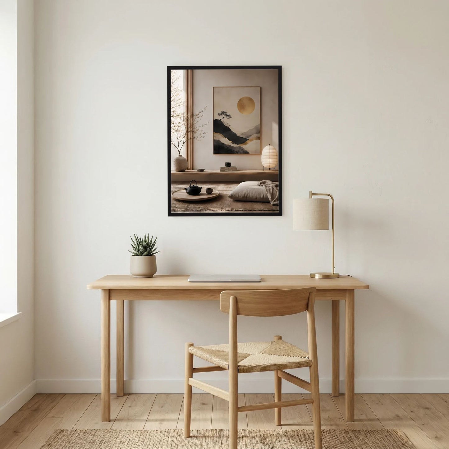 Hochformat-Poster im schwarzen Rahmen mit goldener Sonne, ruhiger Berglandschaft und Baum.