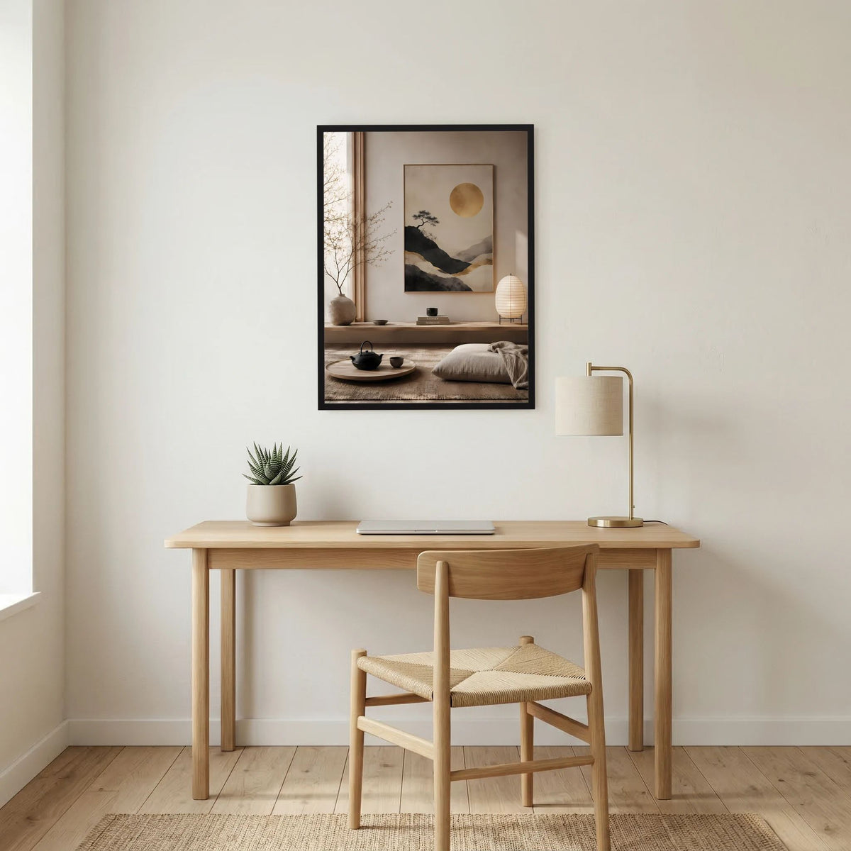 Hochformat-Poster im schwarzen Rahmen mit goldener Sonne, ruhiger Berglandschaft und Baum.